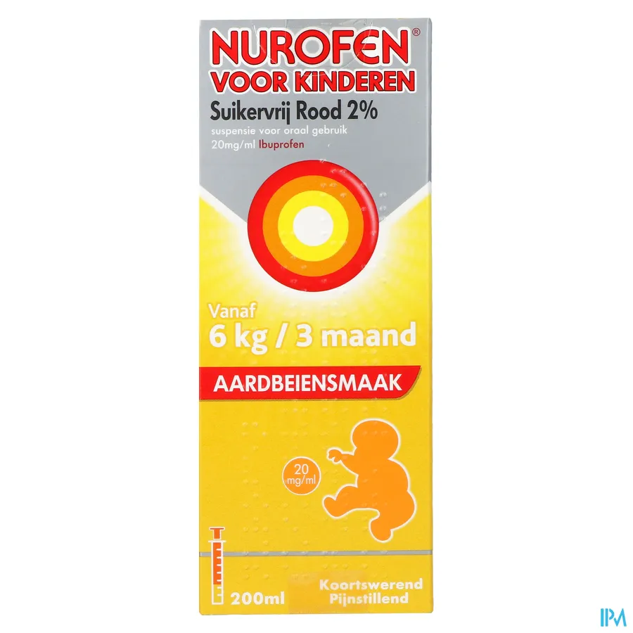 packshot van Nurofen Kind Suikervrije Siroop 2 % Aardbeiensmaak 200 ml