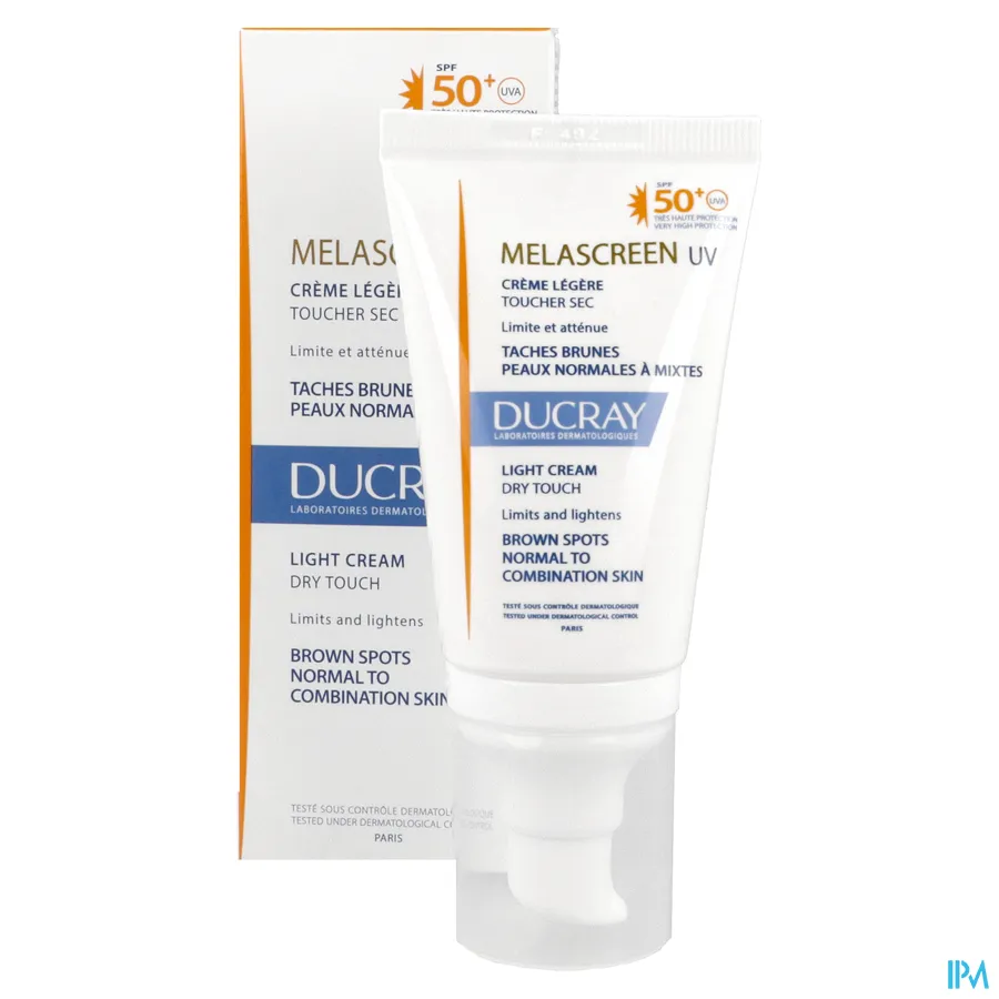 packshot van Ducray Melascreen Lichte Crème met SPF 50+ die Bruine Vlekken Beperkt en Verzacht voor Normale tot Gemengde Huid Pompflacon 40 ml
