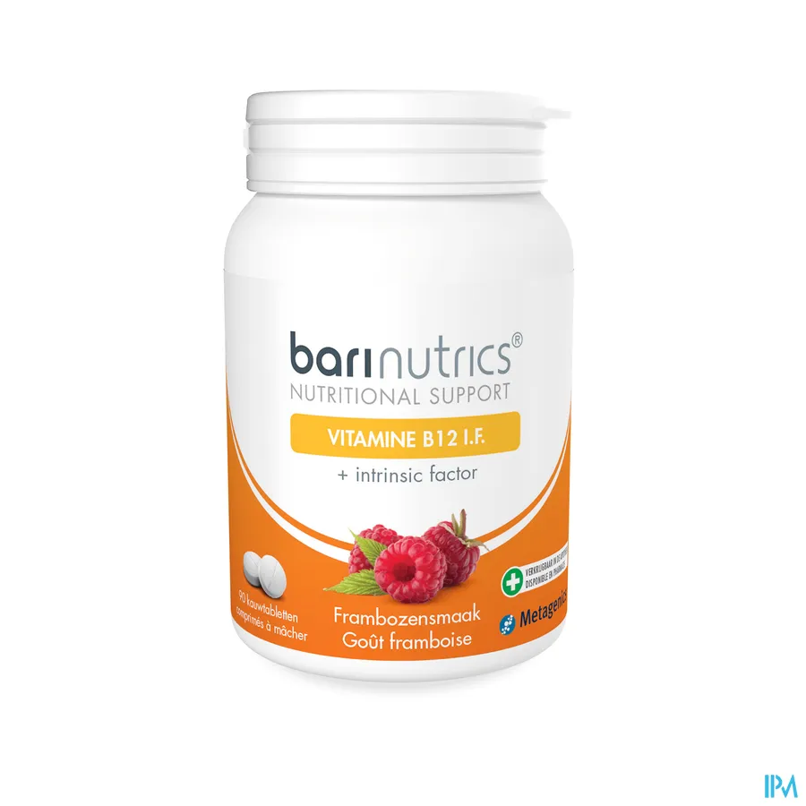 packshot van Barinutrics Vitamine B12 + Intrinsic Factor 90 Kauwtabletten met Frambozensmaak