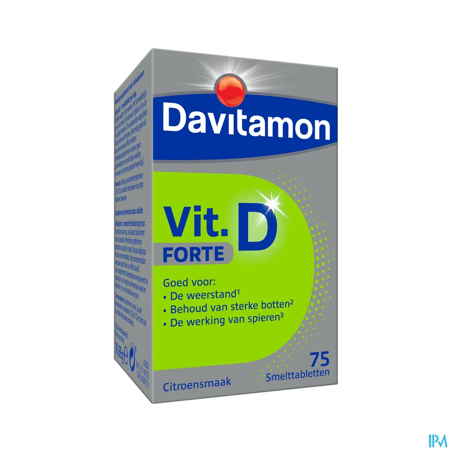 packshot van Davitamon Vitamine D Forte -Goed voor Weerstand, Behoud van Sterke Botten en Spierwerking- 75 Smelttabletten met Citroensmaak
