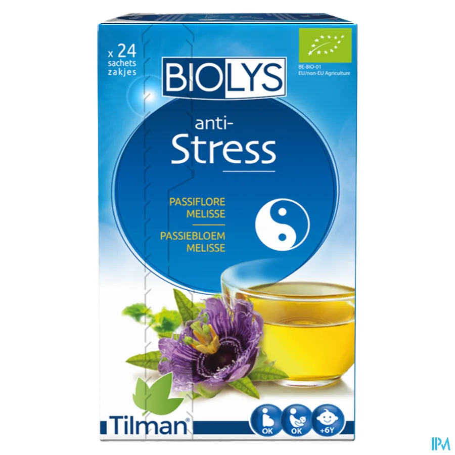 packshot van Biolys Thee tegen Stress met Passiebloem en Melisse 24 Zakjes