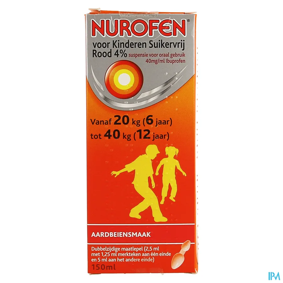 packshot van Nurofen Kind Suikervrije Siroop 4 % Aardbeiensmaak 150 ml