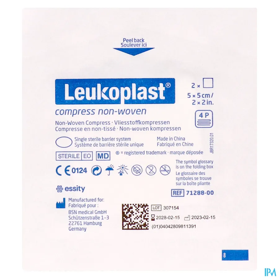 productshot van Leukoplast Vliesstofkompressen 5 cm x 5 cm 50 x 2 kompressen