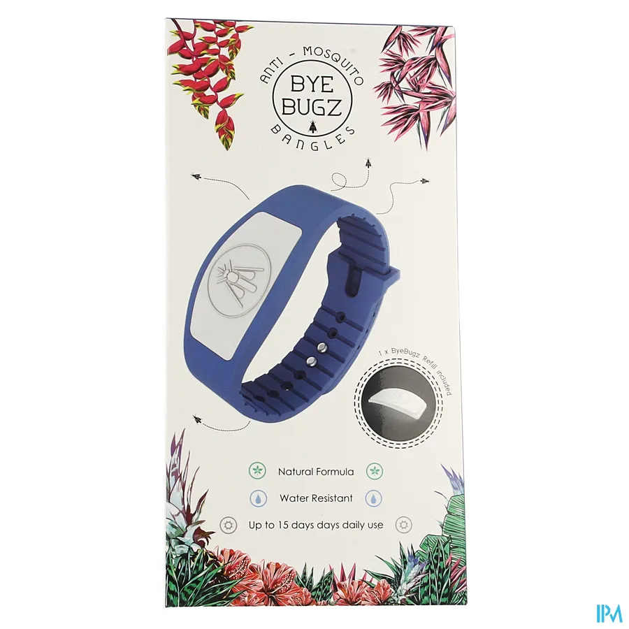 packshot van Bye Bugz Anti-Muggen Armband in Blauw met 1 Navulling