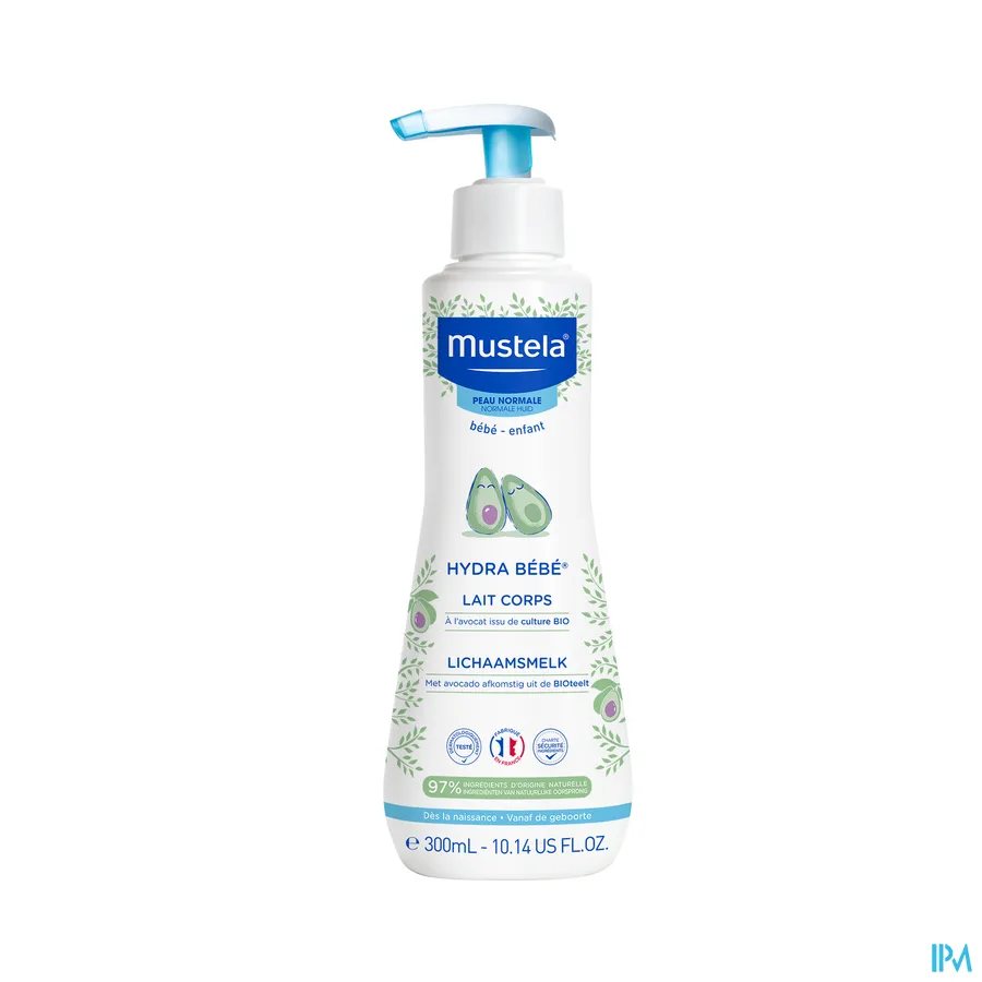 packshot van Mustela Baby en Kind Hydra Bébé Hydraterende en Beschermende Lichaamsmelk voor Normale Huid Pompflacon 300 ml