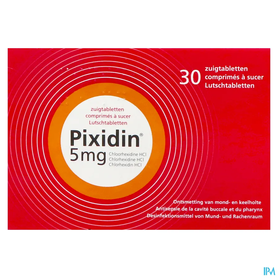 packshot van Pixidin 5 mg voor Ontsmetting van Mond- en Keelholte 30 Zuigtabletten