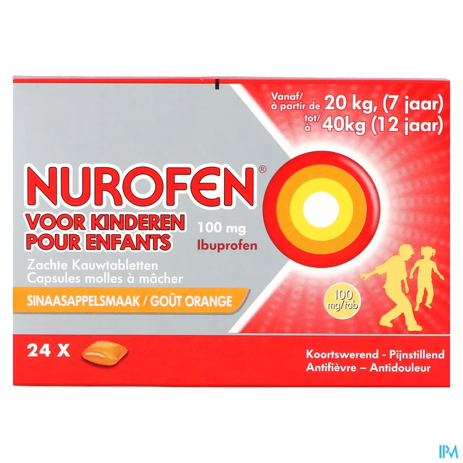 packshot van Nurofen voor Kinderen 100 mg 24 Kauwtabletten