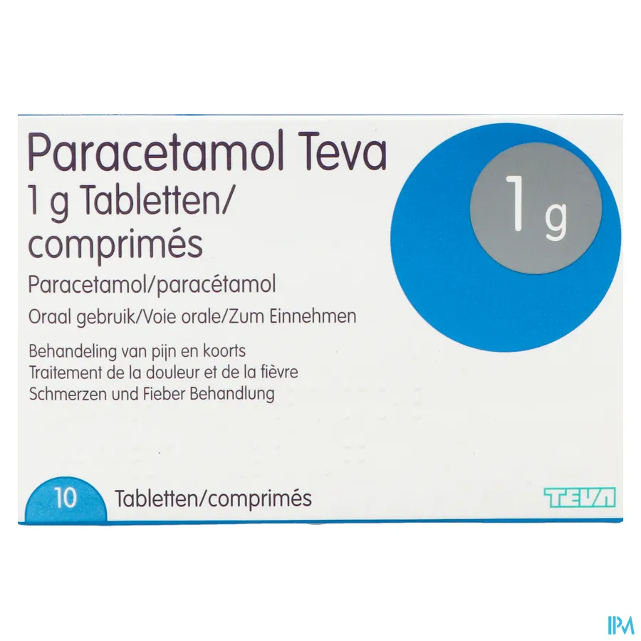 packshot van Paracetamol Teva 1 g 10 tabletten