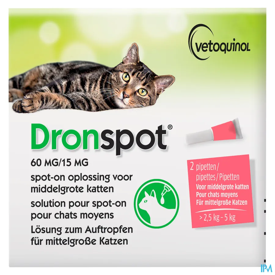 packshot van Dronspot 60 mg/15 mg Spot-on Kat >2,5-5 kg 2 stuks