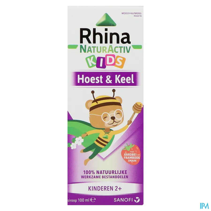packshot van Rhina NaturActiv Kids 'Hoest en Keel' voor Kinderen vanaf 2 Jaar met Aardbei- en Framboossmaak Siroop 100 ml