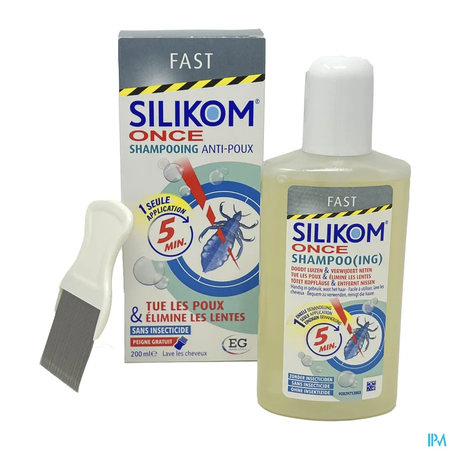 productshot van Silikom Once Shampoo voor Vernietiging van Luizen en Verwijdering van Neten in 5 Minuten met Gratis Kam 200 ml