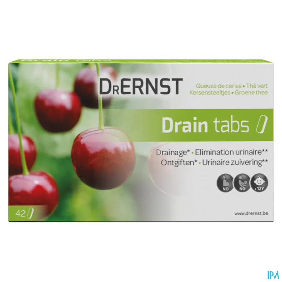 packshot van Dr Ernst Drain Tabs voor Drainering en Urinaire Zuivering met Kersensteeltjes en Groene Thee 42 Tabletten