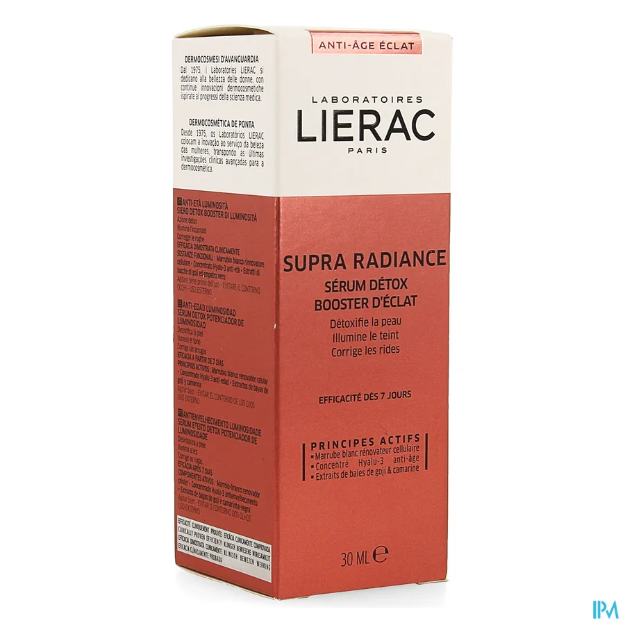 packshot van Lierac Supra Radiance Verhelderend Anti-Ageing Detox Glansbooster Serum voor Ontgifting van de Huid, Verheldering van de Teint en Correctie van Rimpels 30 ml