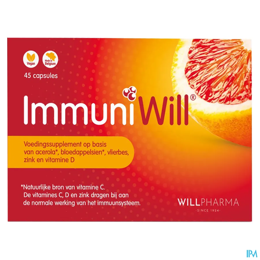 packshot van ImmuniWill -Voedingssupplement op Basis van Acerola, Bloedappelsien, Vlierbes, Zink en Vitamine D- 45 Capsules