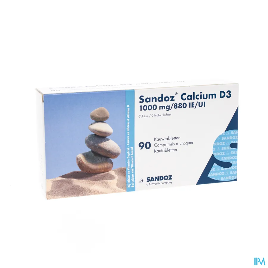 packshot van Sandoz met 1000 mg Calcium en 880 IE Vitamine D3 90 Kauwtabletten