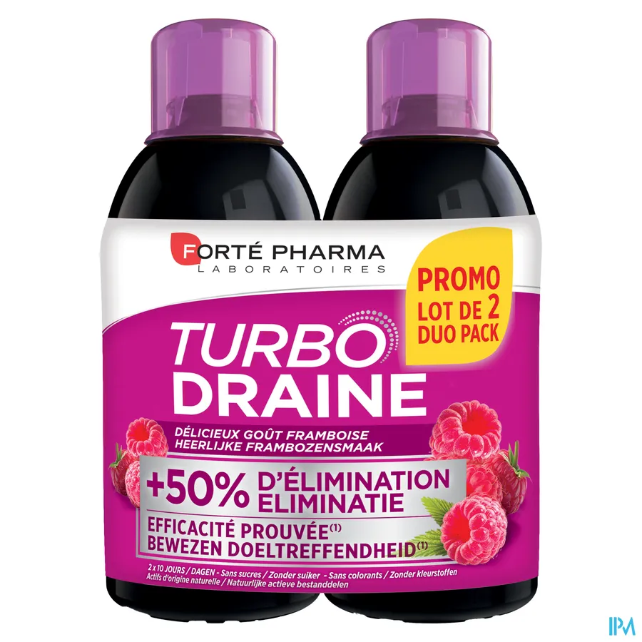 packshot van Forté Pharma Turbo Draine Helpt met Draineren en Zuiveren door Moerasspirea met Frambozensmaak Promo Duopack 2 x 500 ml