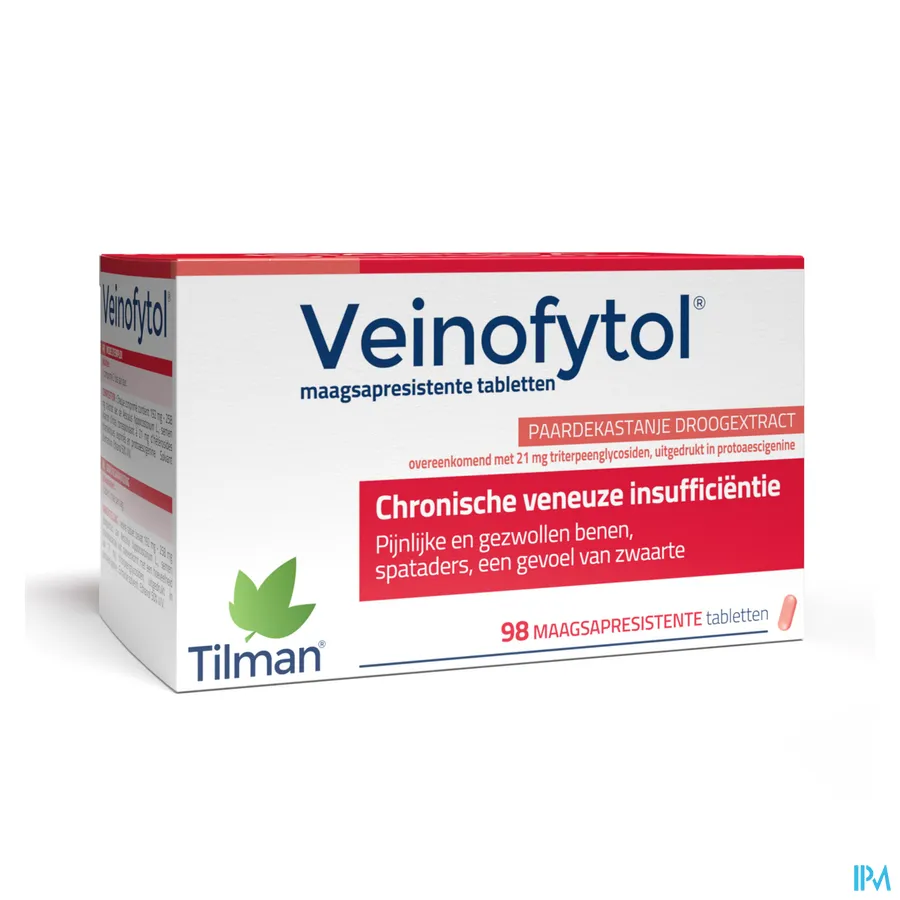 packshot van Veinofytol tegen Spataders en Zware en Gezwollen Benen met Paardekastanje Droogextract 98 Tabletten