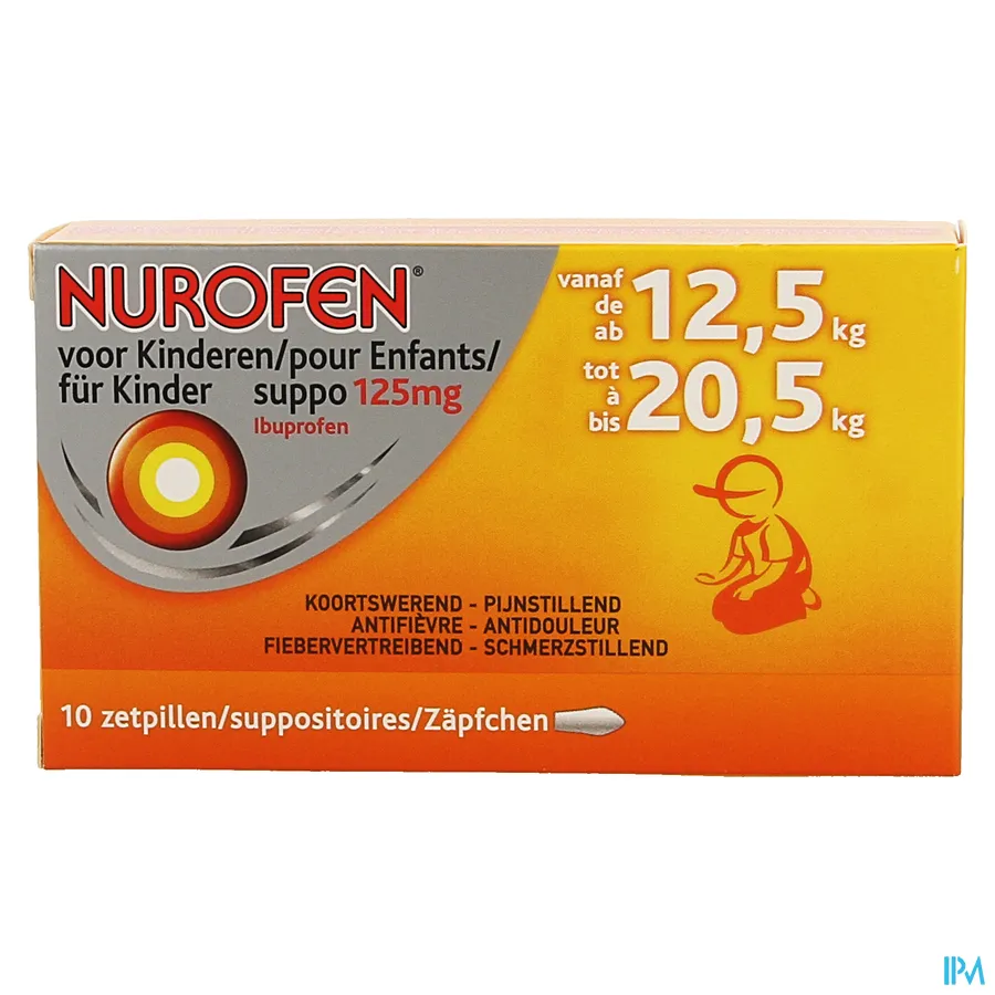 packshot van Nurofen 125 mg Suppo voor Kinderen van 12,5 tot 20,5 kg 10 Zetpillen