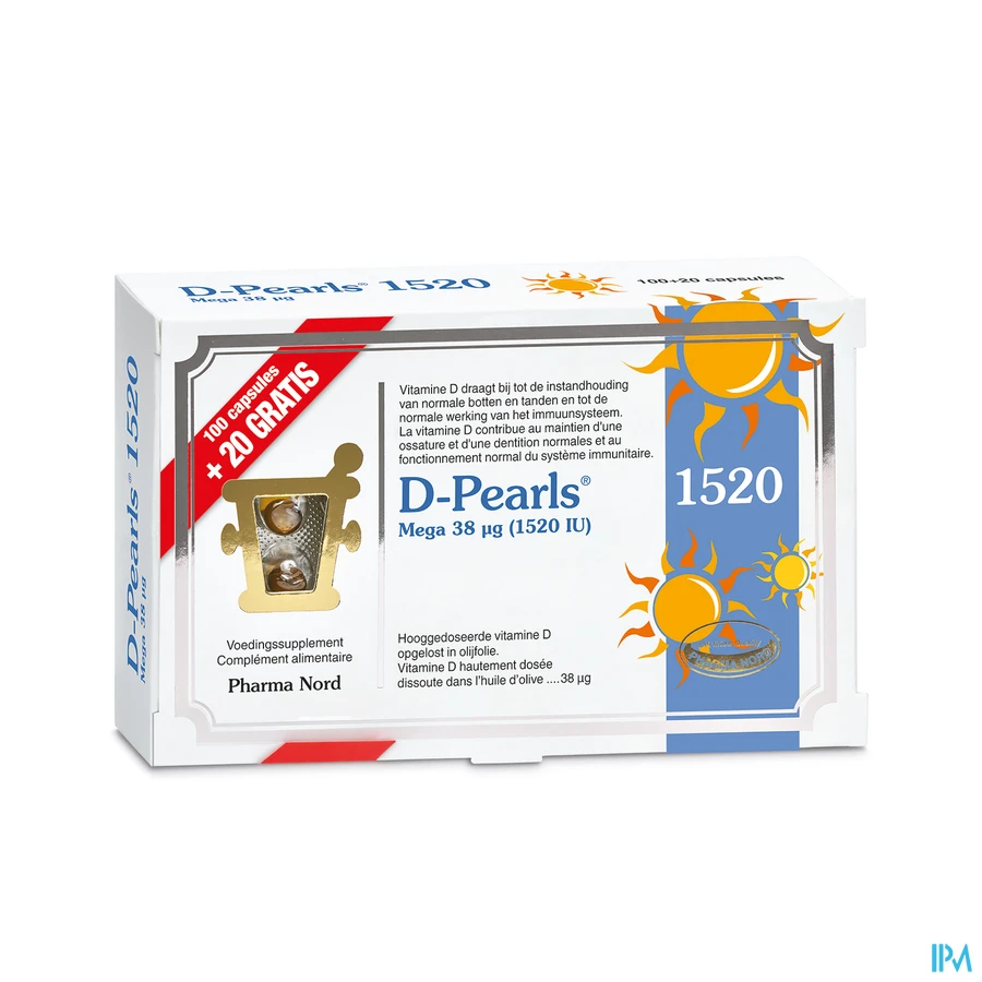 packshot van D-Pearls 1520 met 1520 IE Vitamine D Promopack 120 Capsules