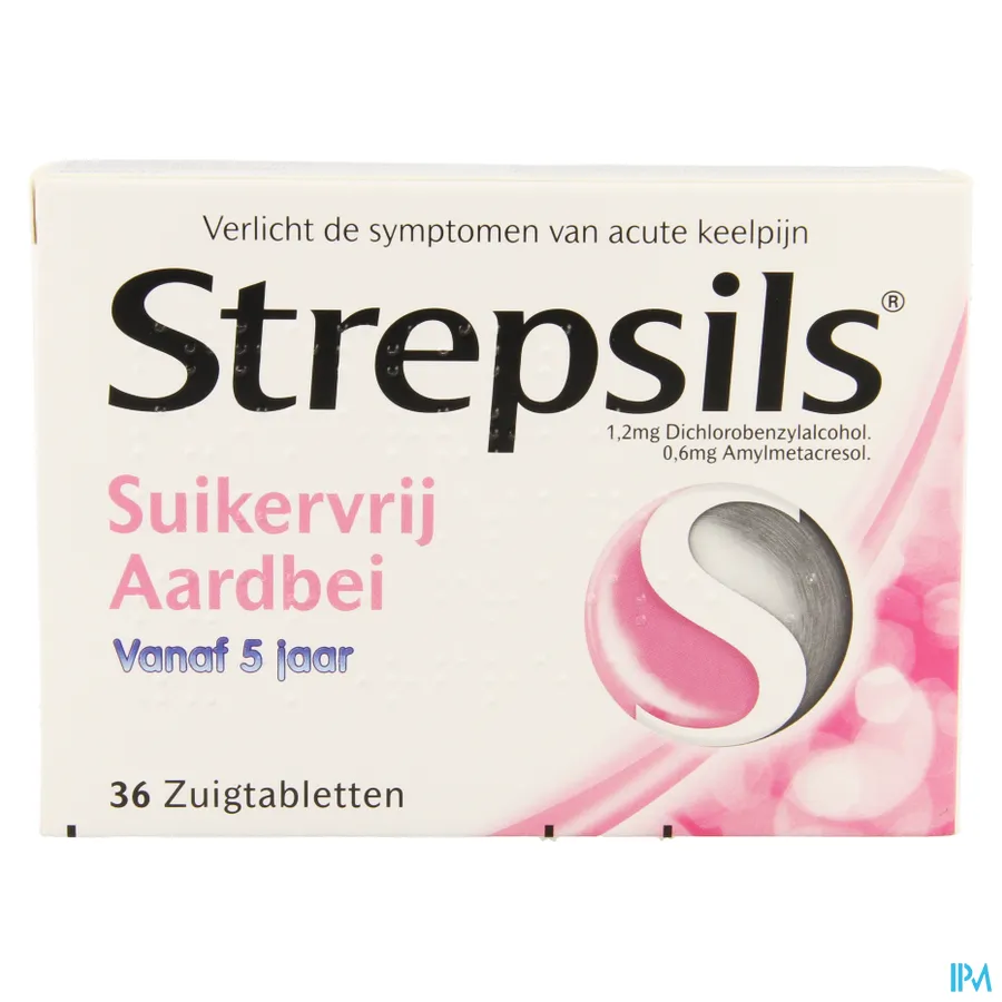 packshot van Strepsils Aardbei Suikervrij 36 zuigtabletten
