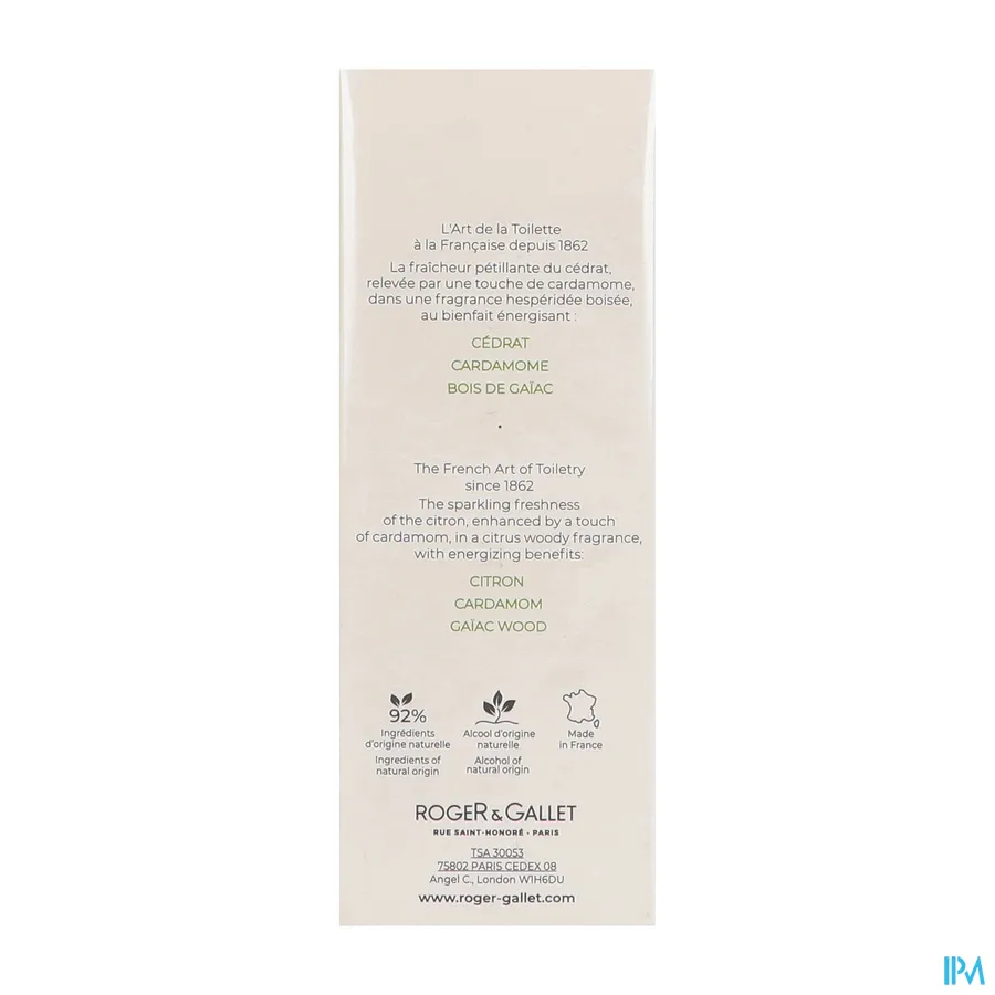 packshot van Roger & gallet Cedrat Eau Parfumee 100 ml