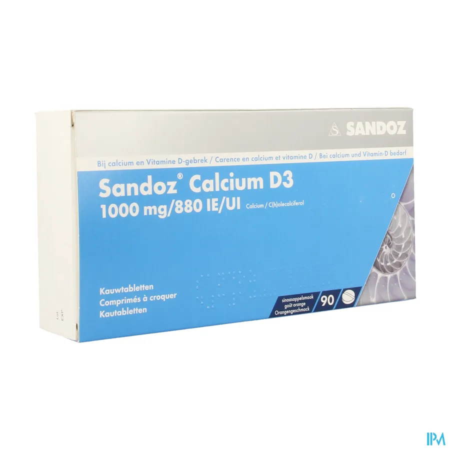 packshot van Sandoz met 1000 mg Calcium en 880 IE Vitamine D3 90 Kauwtabletten