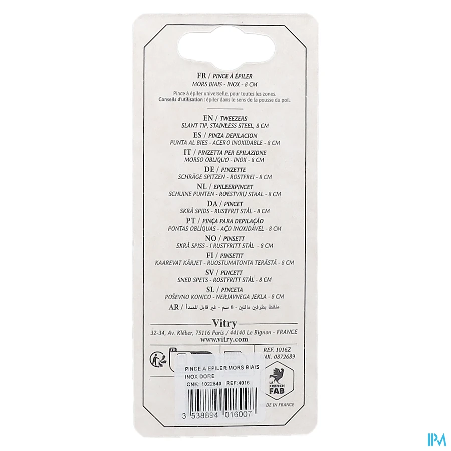 packshot van Vitry Epileerpincet met Schuine Top in Inox Verguld Klein Formaat