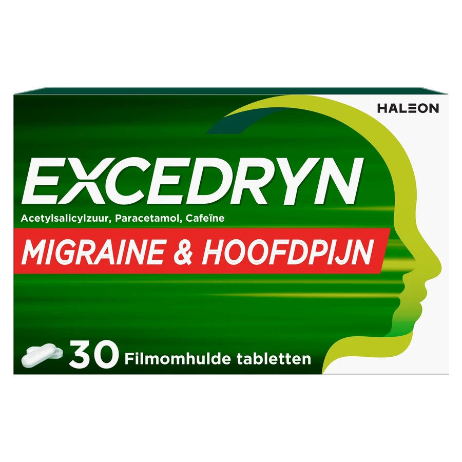 packshot van Excedryn voor Acute Behandeling van Migraineaanvallen met of zonder Aura en Hoofdpijn 30Tabletten
