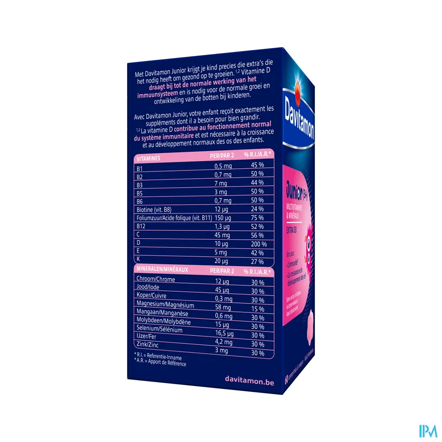 packshot van Davitamon Junior (3+) Multivitamines en Mineralen 60 Kauwtabletten met Frambozensmaak