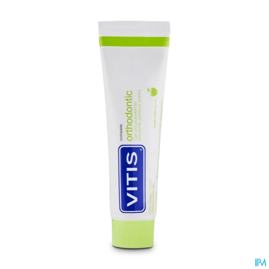 packshot van Vitis Orthodontic Tandpasta voor Verzorging en Bescherming tijdens Orthodontische Behandelingen met Appel-Mint Smaak 75 ml
