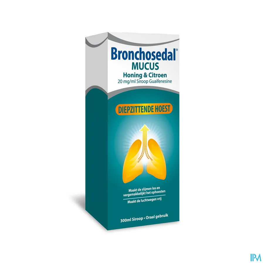 packshot van Bronchosedal Mucus Honing en Citroen bij Diepzittende Hoest Siroop 300 ml