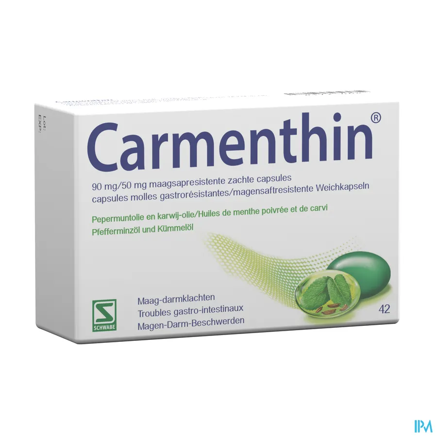 packshot van Carmenthin met Pepermuntolie en Karwij-Olie bij Maag-Darmklachten 42 Maagsapresistente Zachte Capsules