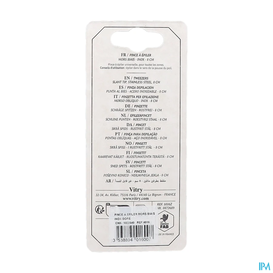 packshot van Vitry Epileerpincet met Schuine Top in Inox Verguld Klein Formaat