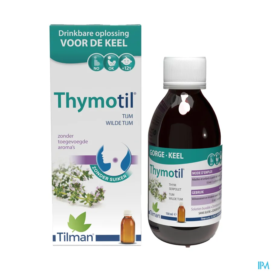 productshot van Thymotil Keelsiroop Zonder Suiker op basis van Tijm en Wilde Tijm 150 ml