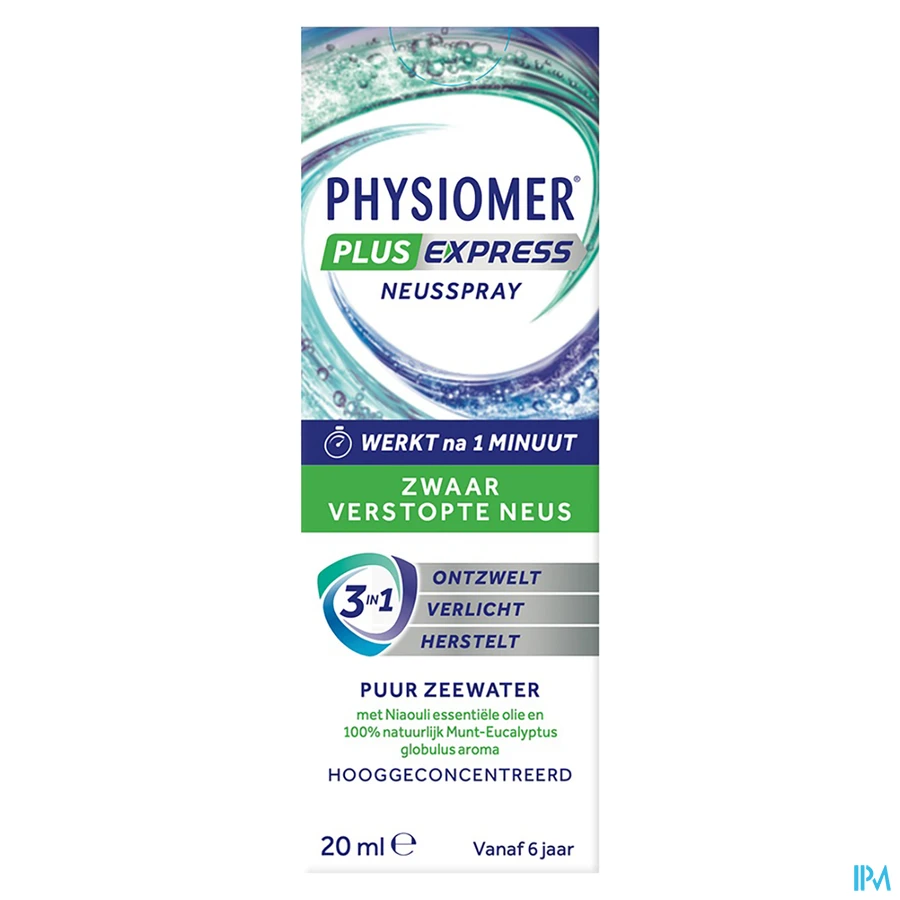 packshot van Physiomer Express tegen Neusverstopping met Hypertonisch Zeewater en Essentiële Oliën Spray 20 ml