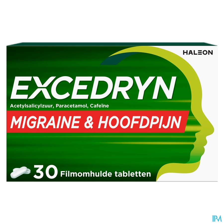 packshot van Excedryn voor Acute Behandeling van Migraineaanvallen met of zonder Aura en Hoofdpijn 30Tabletten