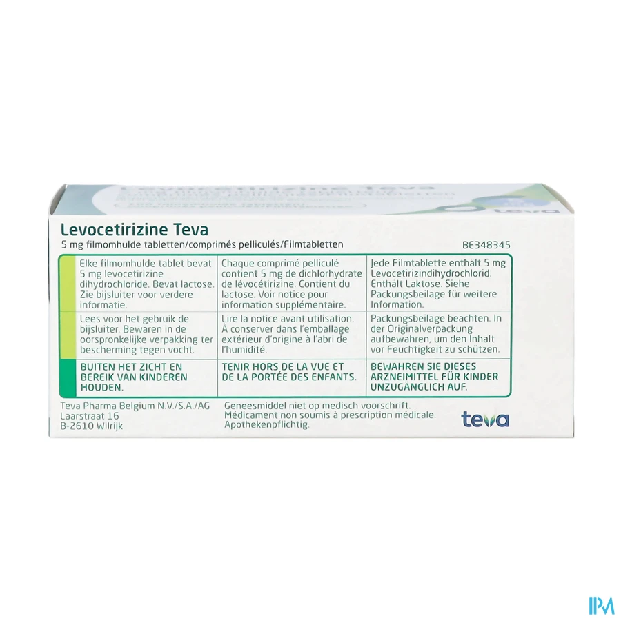 packshot van Levocetirizine Teva 5 mg 100 Tabletten