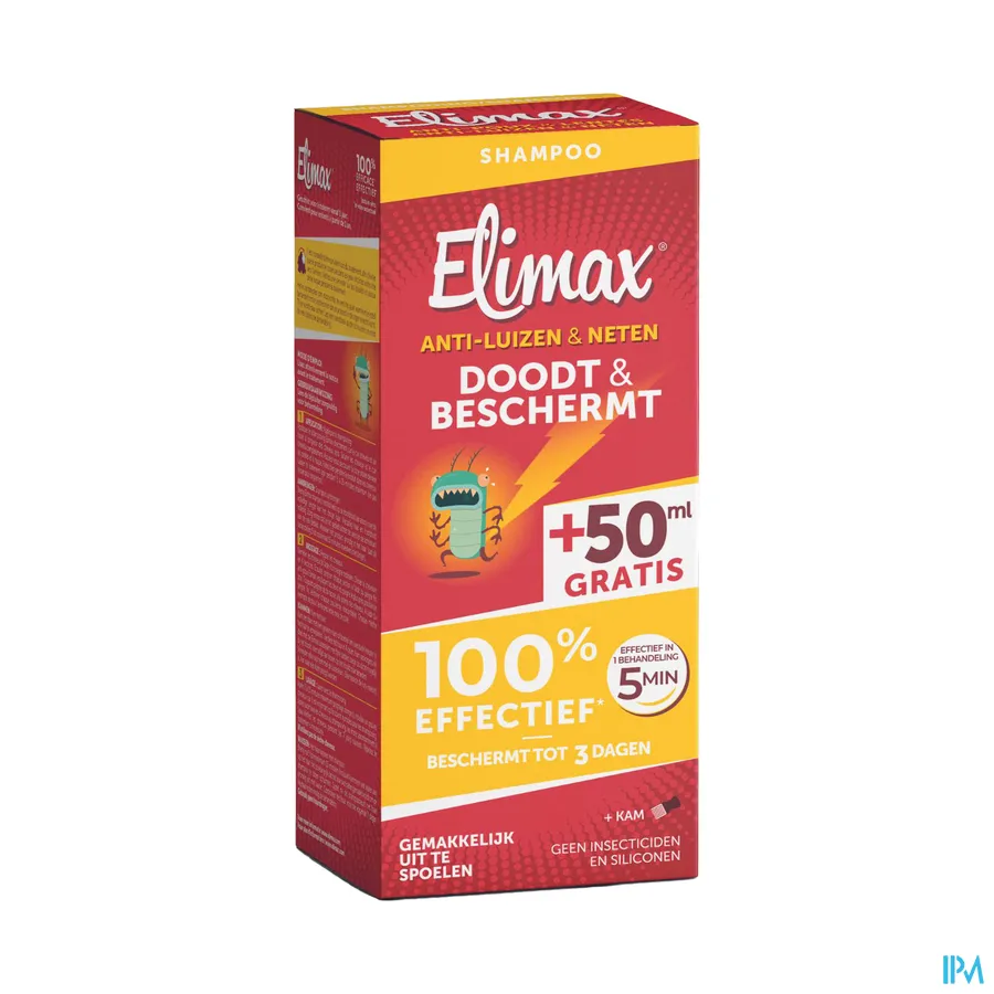 packshot van Elimax 2-in-1 Dodende en Beschermende Anti-Luizen en Anti-Neten Shampoo Zonder Insecticide Promopack 250 ml met Gratis Kam