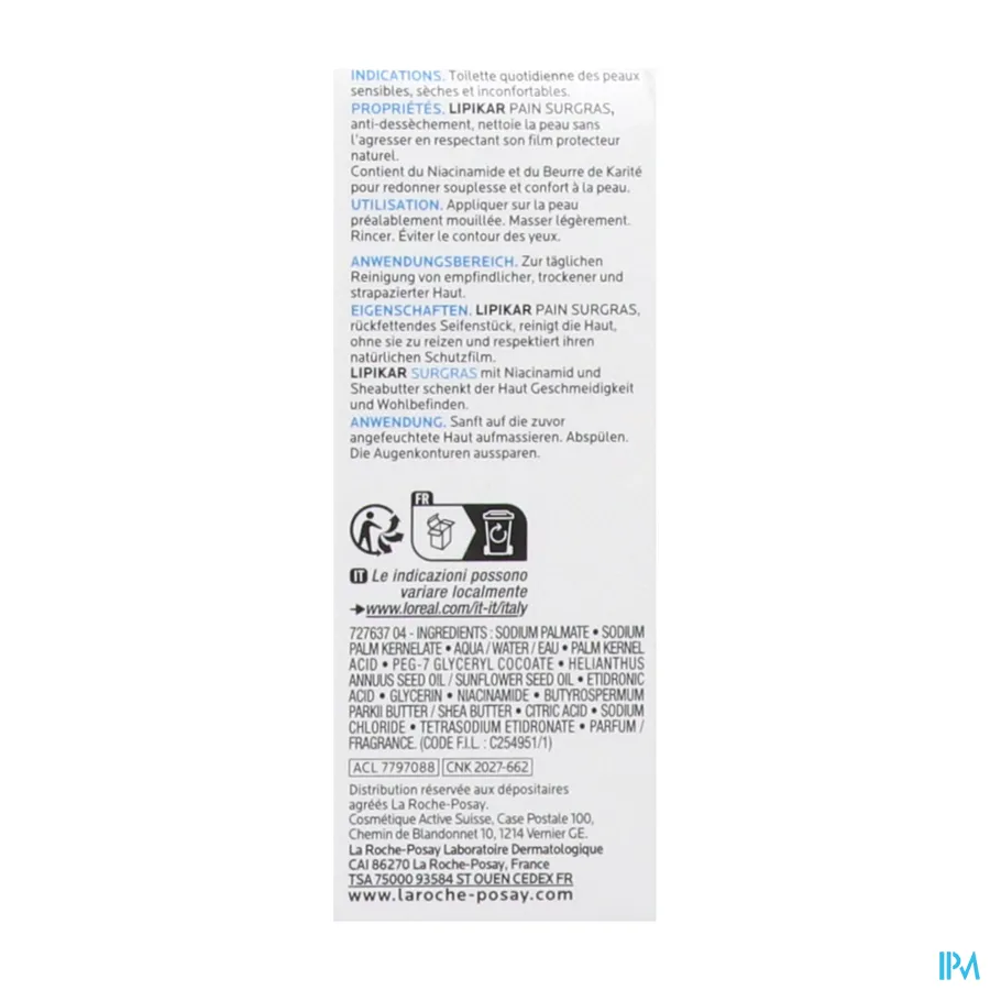 packshot van La Roche-Posay Lipikar Overvette Zeep 150 g