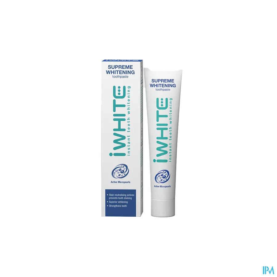 productshot van I White Supreme Whitening Tandpasta met Actieve Mircroparels met Vlek Neutraliserende Actieve Stoffen ter Preventie van Vlekvorming op de Tanden Tube 75 ml
