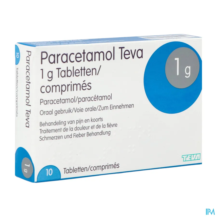 packshot van Paracetamol Teva 1 g 10 tabletten
