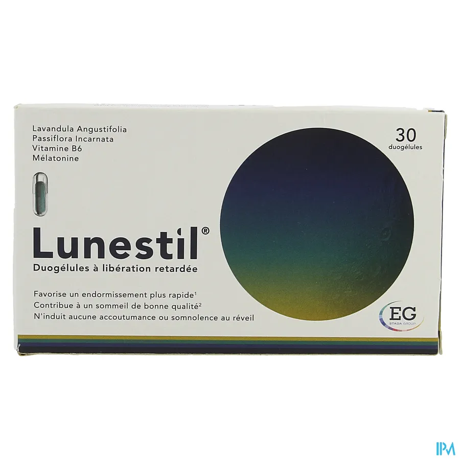 packshot van Lunestil voor Vergemakkelijken van Inslapen en Kwalitatieve Slaap 30 Duocapsules met Verlengde Afgifte