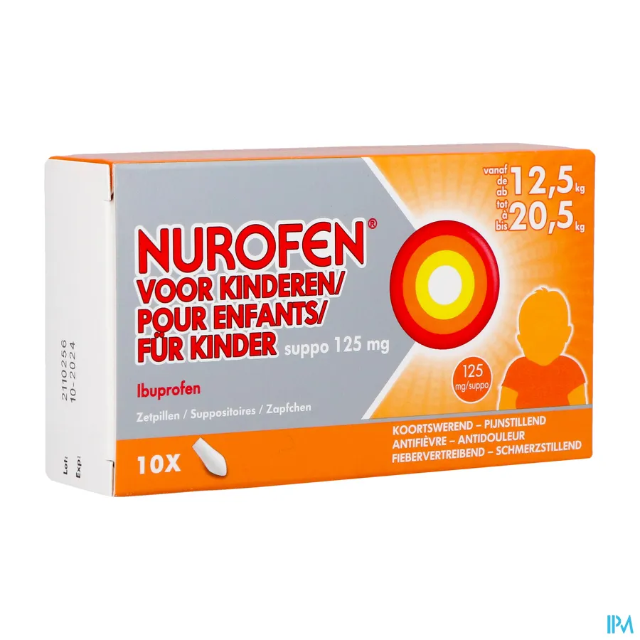 packshot van Nurofen 125 mg Suppo voor Kinderen van 12,5 tot 20,5 kg 10 Zetpillen
