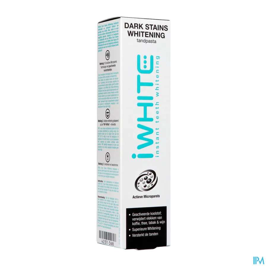 packshot van I White Dark Stains Whitening Tandpasta met Actieve Mircroparels met Geactiveerde Kool voor Verwijdering van Vlekken van Koffie, Thee, Tabak en Wijn Tube 75 ml