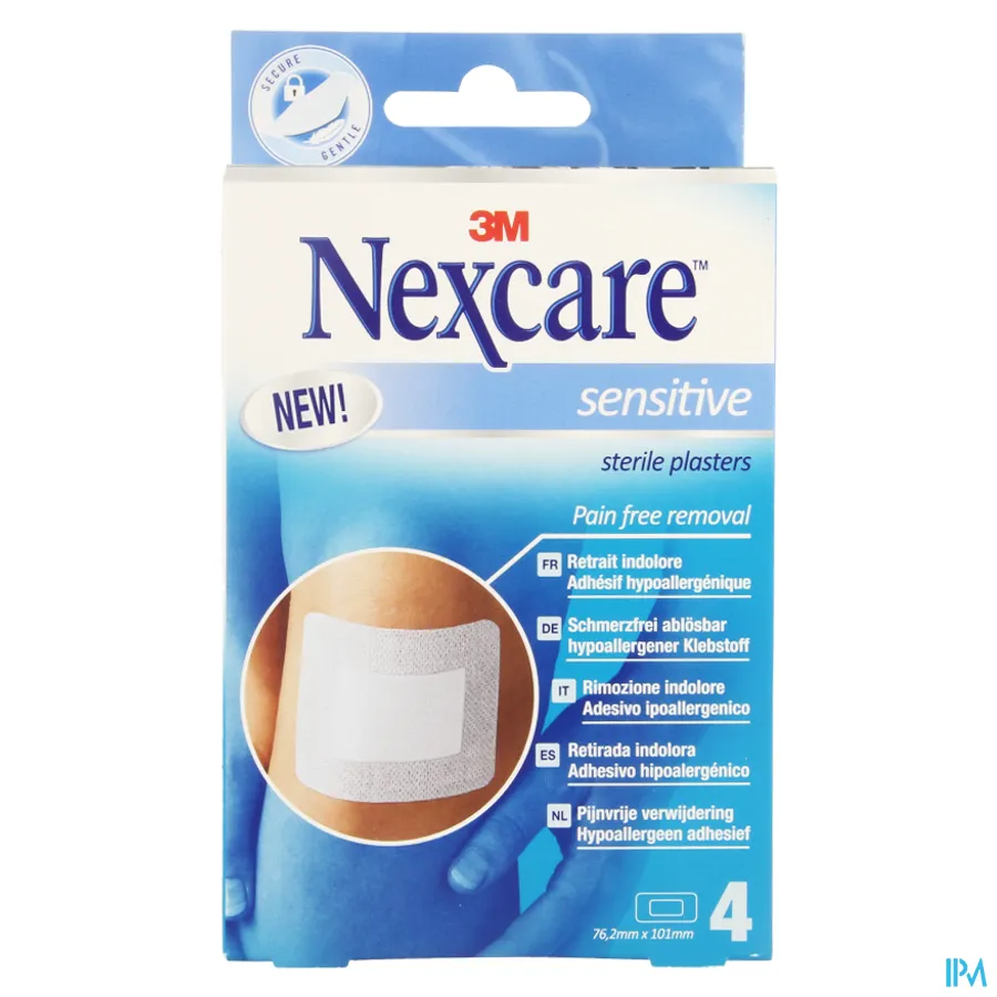 packshot van Nexcare Sensitive Steriele Pleisters voor Pijnvrije Verwijdering 4 Pleisters van 76,2 mm x 101 mm