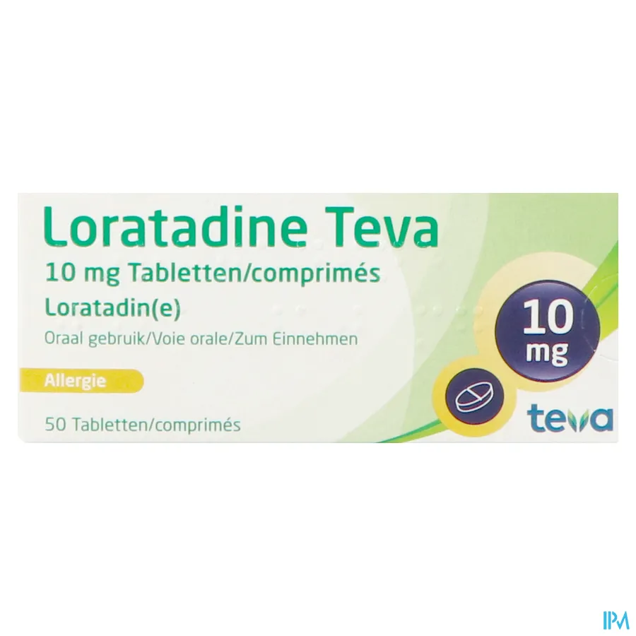 packshot van Loratidine Teva 10mg 50 tabletten