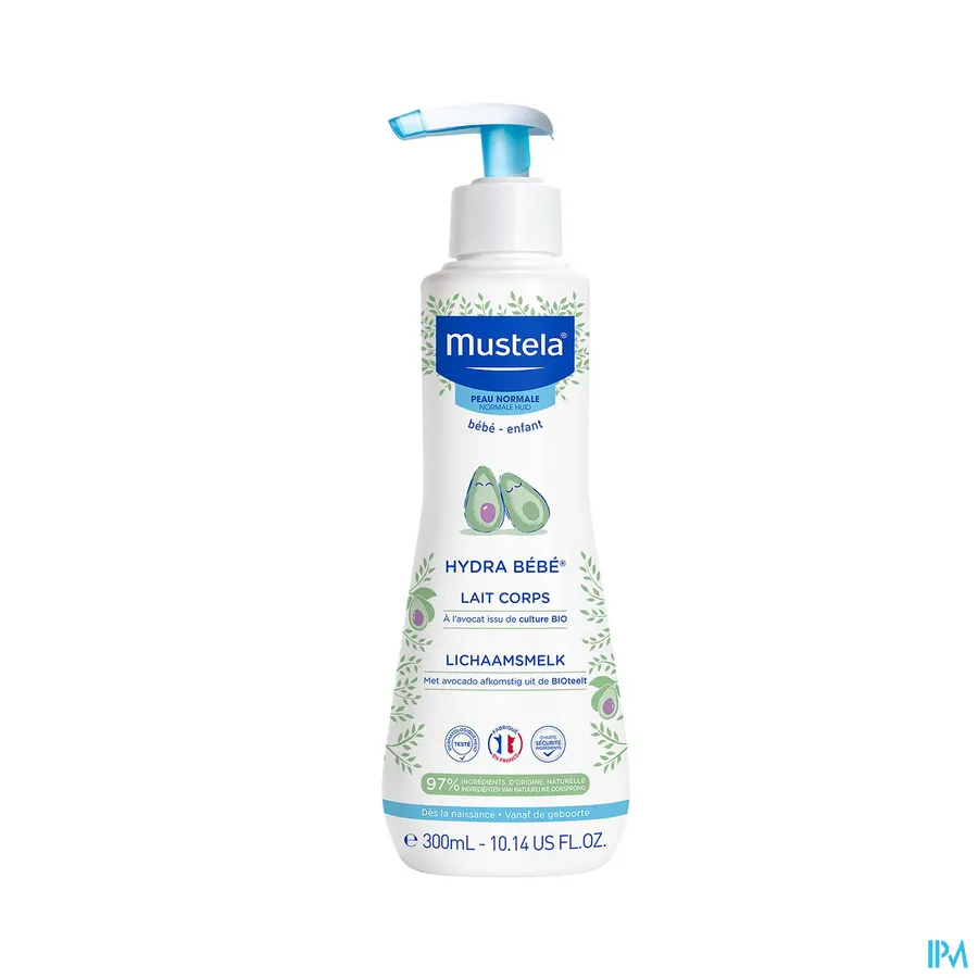 productshot van Mustela Baby en Kind Hydra Bébé Hydraterende en Beschermende Lichaamsmelk voor Normale Huid Pompflacon 300 ml