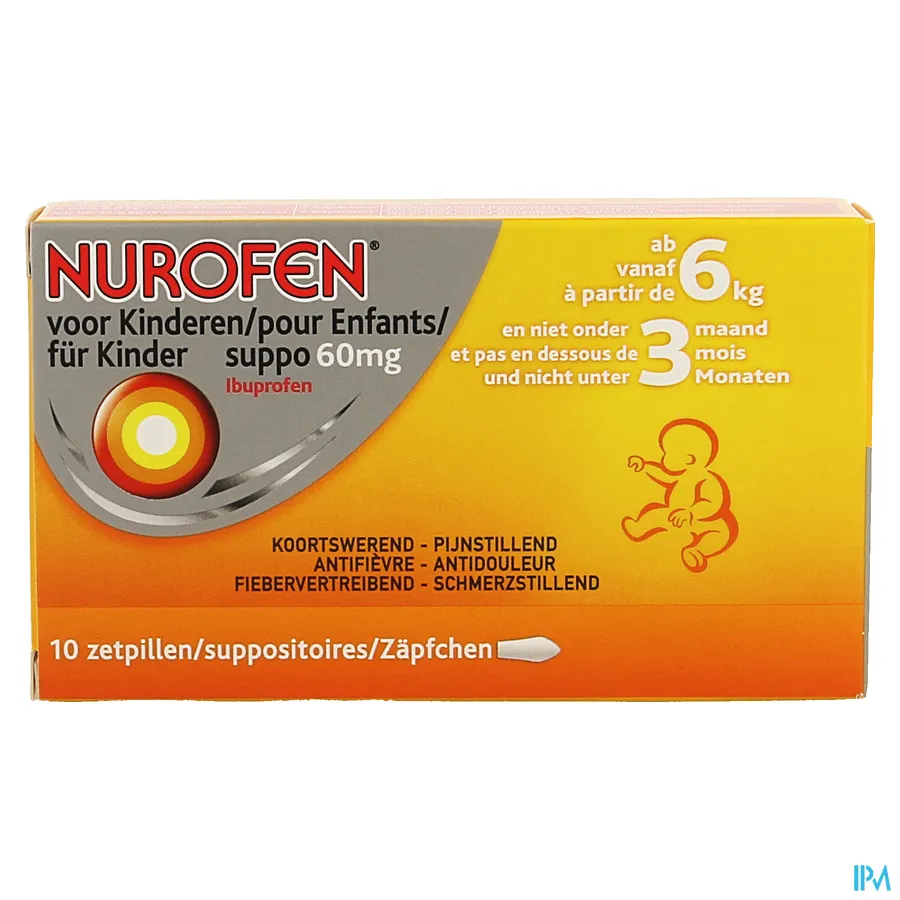 packshot van Nurofen 60 mg Suppo voor Kinderen vanaf 6 kg en Niet Onder 3 Maanden 10 Zetpillen