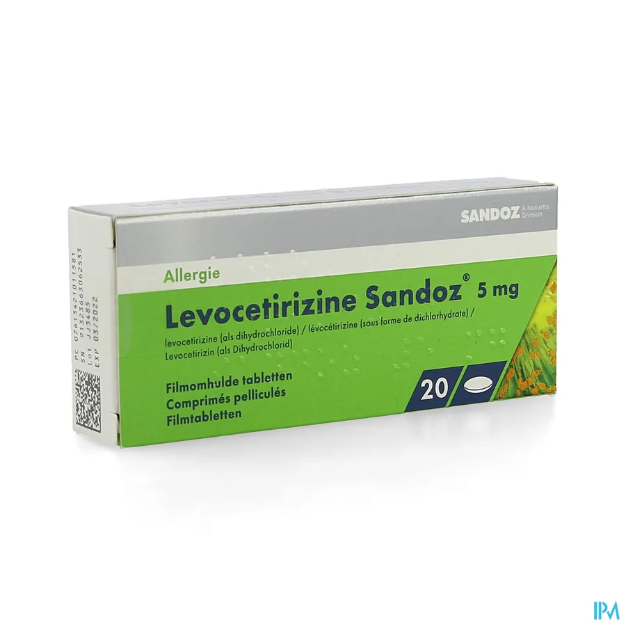 packshot van Levocetirizine Sandoz 5 mg 20 tabletten