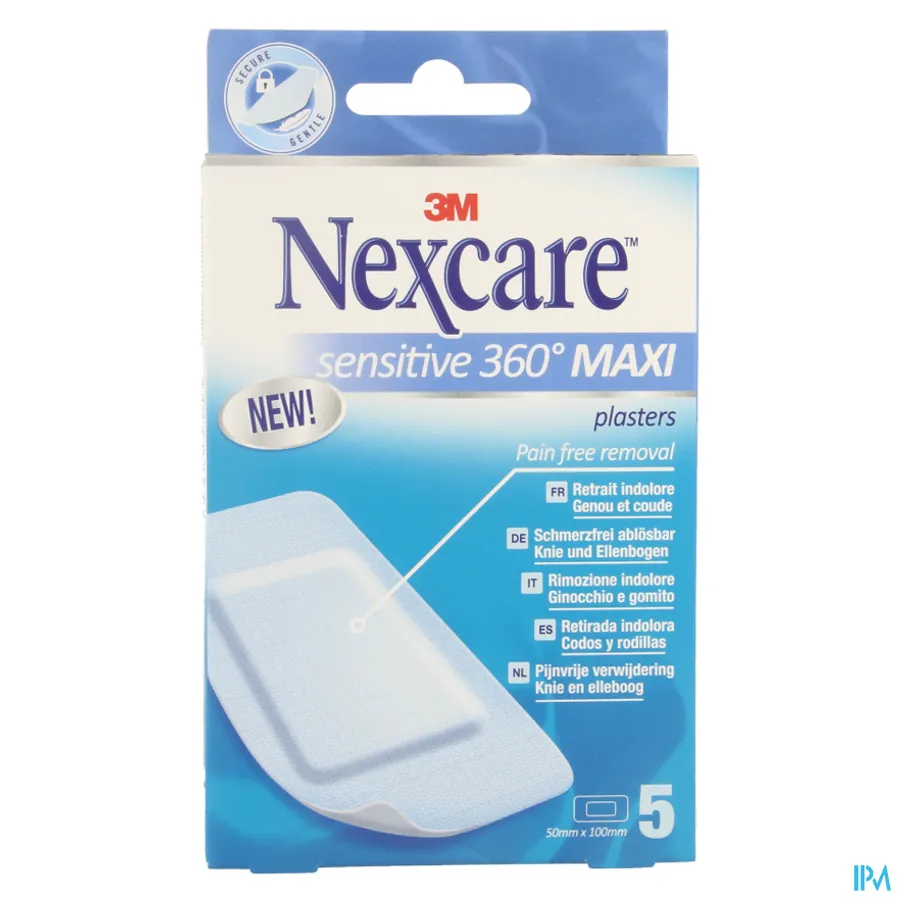 packshot van Nexcare Sensitive 360° MAXI Pleisters voor Knie en Elleboog voor Pijnvrije Verwijdering 5 Pleisters van 50 mm x 100 mm